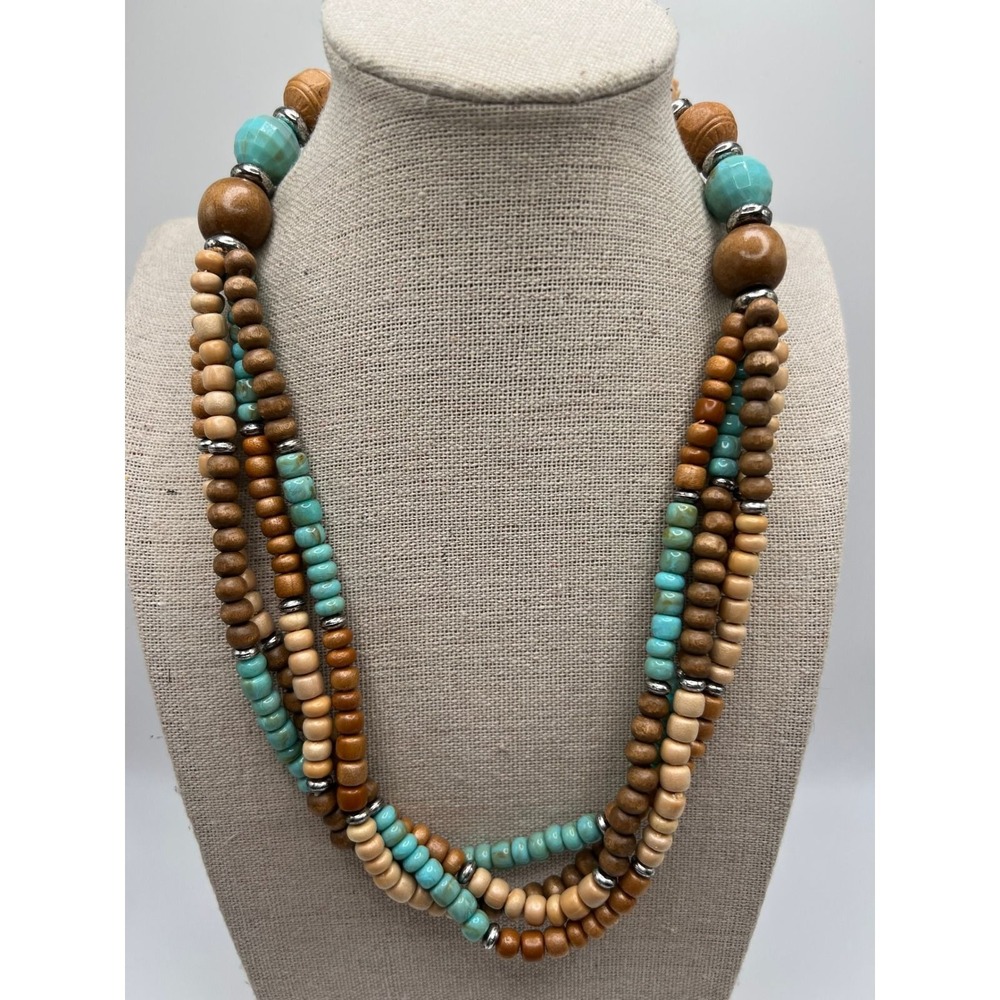 Multi Strand Wood Bead Necklace Boho Southwestern Turquoise Earth Tones